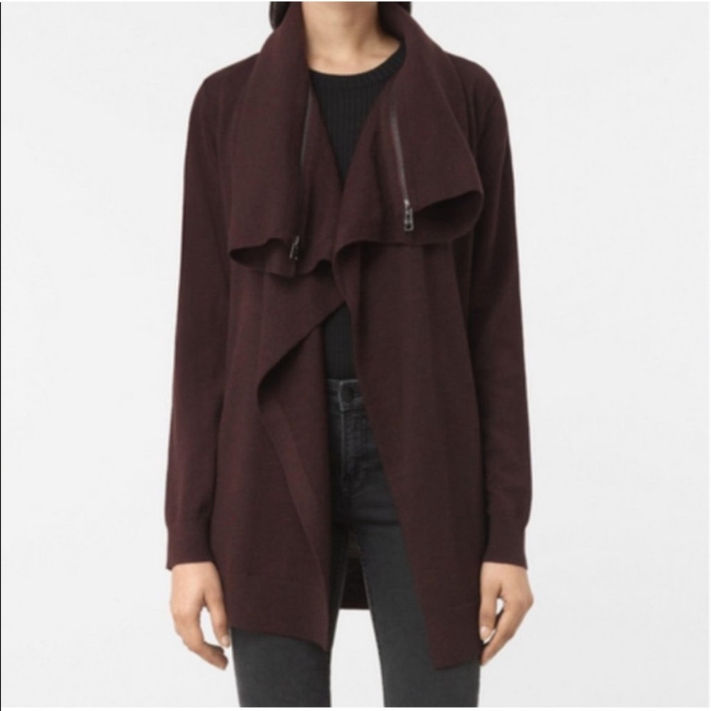 All Saints Dahlia Wool Long Cardigan Asymmetrical Zipper Cowl Sweater Size 2